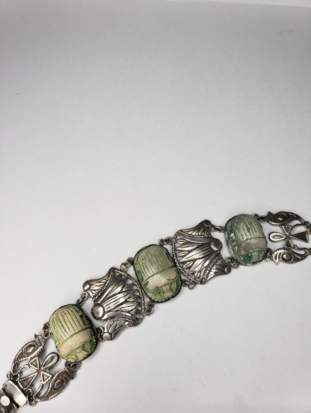 Vintage Sterling Silver Scarab Stone Link Bracelet - Picture 3 of 4